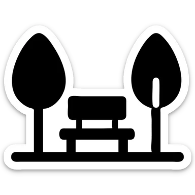 minimalist park icon with bench and two trees, solid black fill sticker