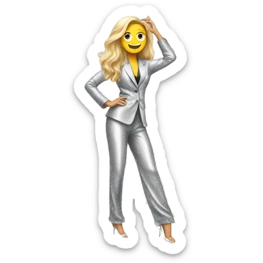 dancing white woman with long hair in a sparkly pantsuit in a snazzy pose sticker