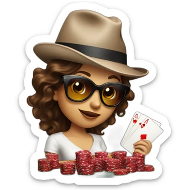 female with dark sunglasses brown wavy hair playing poker with a poker dealer hat sticker