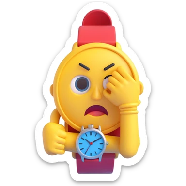 A yellow emoji face with a worried expression, looking at a wristwatch with raised eyebrows, showing urgency and stress sticker