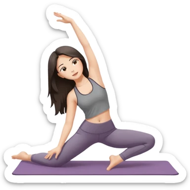 a brunette girl doing yoga, she is wearing a grey fit and she has dark loose hair.  sticker