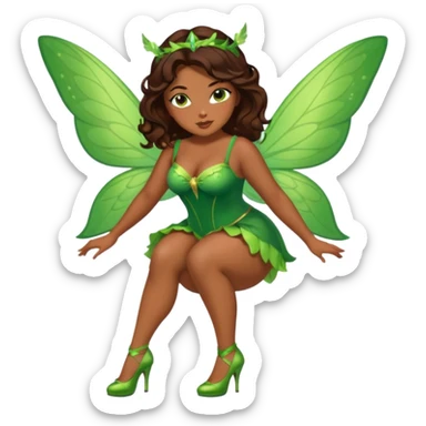 Pretty thick girl with caramel skin. Dark brown hair and brown eyes. She has freckles. Wearing sexy makeup. Wearing a green fairy costume and heels and flying sticker