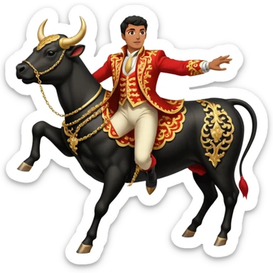 Create a realistic image of a traditional bullfighting scene in a Spanish arena.
Show a bullfighter (matador) in an ornate, gold-trimmed suit holding a red cape (muleta) as a powerful black bull charges toward it. sticker