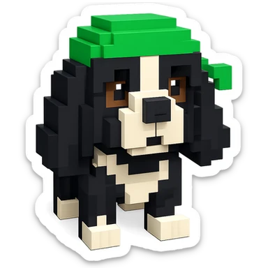 A black and white Russian Cocker Spaniel puppy wearing a green durag, facing forward sticker