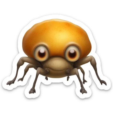 small, bug-like creature with plump bodie that look like potatoe. It has glossy, wrinkled beige skin, a single large glowing orange-yellow eyeball, and four spike-like legs, which allow them to jump and cling to small objects or nets. sticker