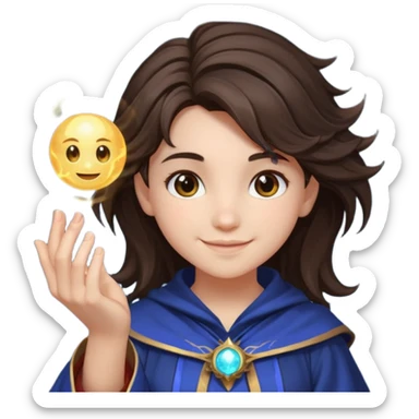 A teen brunette mage with tousled hair, holding a tiny glowing orb and smiling confidently. sticker