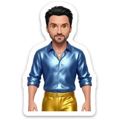 Hugh Jackman with hazel eyes, black hair, periwinkle blue metallic shirt, yellow metallic baggy pants, silver necklace sticker