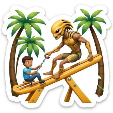 The Predator, in a dream like park, pushing unwilling the alien in a seesaw. sticker