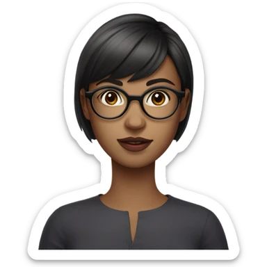 A woman about 25 years old with short hair, round glasses, bangs, and a slightly round face. Her lips are pink and she looks cute.  sticker
