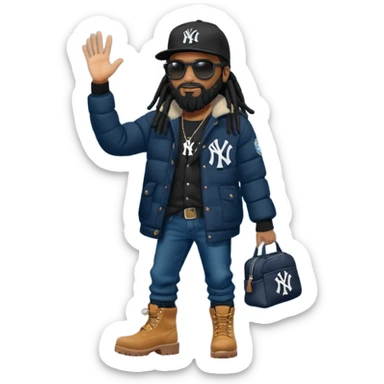 African American man with shoulder length black dreadlocks with black beard wearing black sunglasses wearing a New York Yankees logo baseball cap wearing a dark black bubble winter coat wearing denim skinny jeans and Timberland boots hand giving a high five sticker