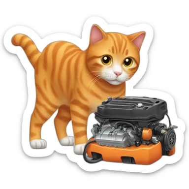 orange cat checking car engine sticker