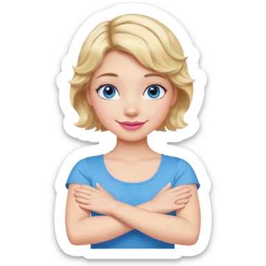 Girl Blonde short wavy hair,  blue eyes, cute blue top, long lashes, pink lips, smiling, making cross arms with arms  sticker