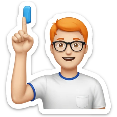 A slim man with glasses, pumping the foam finger in the air with bright enthusiasm. sticker