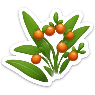 Create an emoji of a plant with a thin, slightly hairy green stem and oval, dark green, serrated leaves in opposite pairs. Add small greenish-yellow star-shaped flowers and round, reddish-orange berries at the leaf axils. sticker