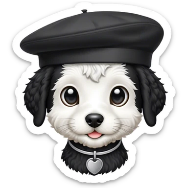 Black and white jackapoo wearing a beret sticker