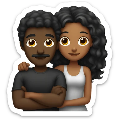 Black guy with black hair and moustache hugging brown girl with black and red hair sticker