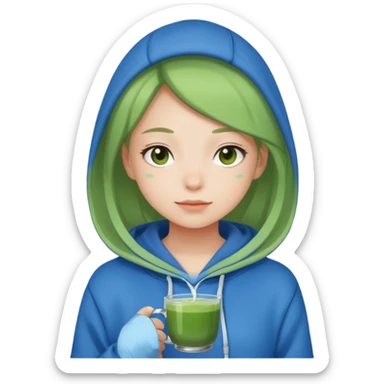girl with matcha wearing blue hoodie sticker