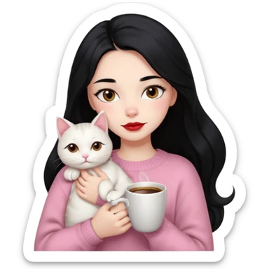 Beautiful Girl Long Hair black, Brows Big , Skin White, Sweater Pale Pink , Big Red Lips, Eyes coffe, Hug Little baby Persa Cream Cat With Cute Eyes sticker