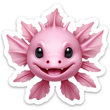 Cinematic Comical Axolotl Portrait Emoji, Head tilted dramatically with an exaggeratedly amused expression, featuring smooth, pale pink skin with ruffled, feathery gills and wide, expressive dark eyes filled with playful disbelief, Simplified yet hilariously expressive features, highly detailed, glowing with a slightly sassy glow, high shine, dramatic yet playful, stylized with an air of cheeky mischief, bright and endearing, soft glowing outline, capturing the essence of a spirited and over-the-top aquatic friend, so meme-worthy it feels like it could side-eye its way into internet fame instantly! sticker