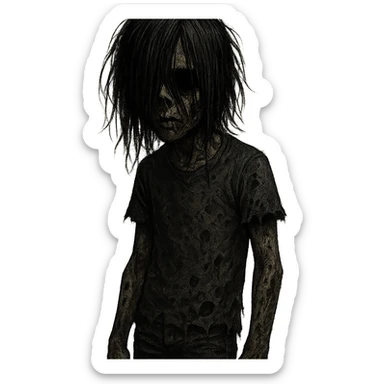creepy boy zombie, long black hair covering face, black eyes, dark skin, emo vibe, horror style sticker