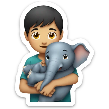Asian boy hugging an elephant  sticker