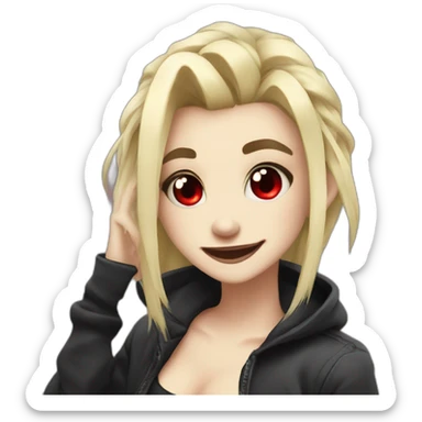 2d cartoon goth gamer blonde hair, red eyes, snake pupils, big smile, dabbing sticker