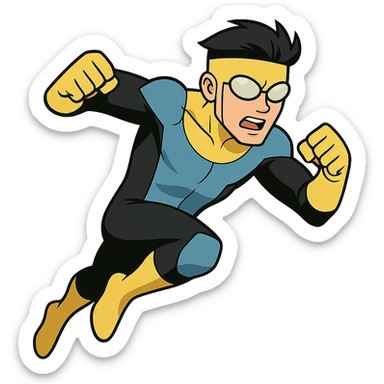 invincible superhero in blue and black suit with yellow gloves and boots action pose cartoon style sticker
