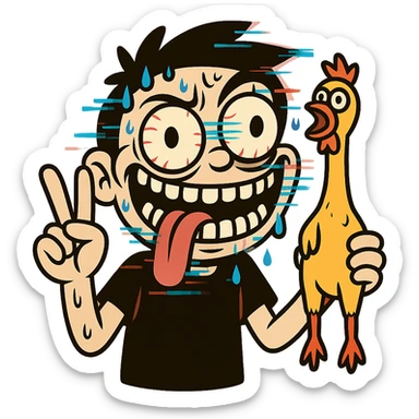 flat toon style bulging eyes, unhinged grin, too many teeth, one eyeball twitching, tongue out sideways, sweating, glitching, peace sign, holding cursed rubber chicken sticker