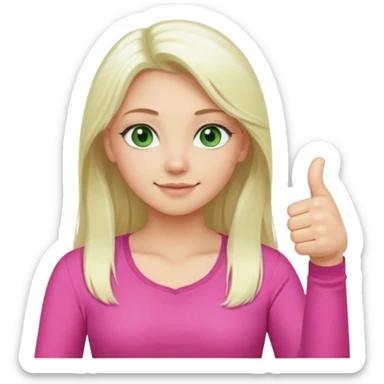 Long platinum blonde hair girl with green eyes in  pink top showing a thumbs up  sticker