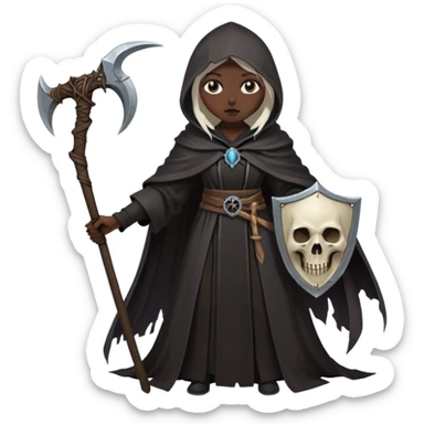 Necromancer girl with scythe and shield, in front of a dead mage sticker