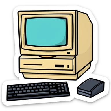 Vintage desktop computer from the 80s, bulky beige monitor with floppy disk drive, separate keyboard, nostalgic tech aesthetic sticker
