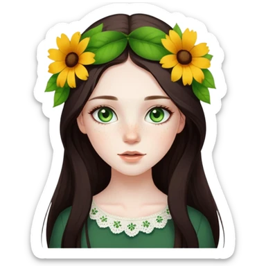 pretty girl with pale skin, freckles, green eyes, long lashes, dark brown long hair in summer styled outfit, with flower on head sticker