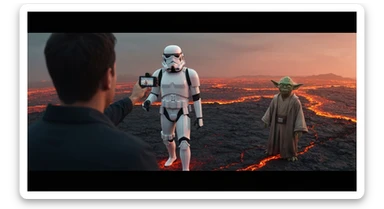 Cinematic still, Shot on vlog camera, Starwars stormtroopers vlogging , he is walking on lava planet with yoda sticker