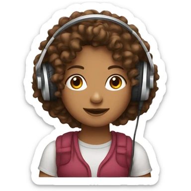 Brown curly haired girl wearing headphones sitting in front of a mic sticker