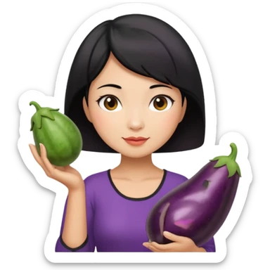 Vietnamese lady with short hair holding eggplant sticker