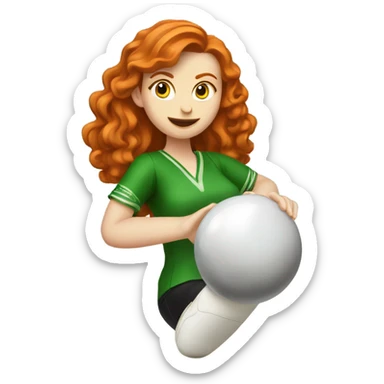 Irish, red-headed, female dancer bowling, in a standing, slightly bent over stance holding a bowling ball appropriate in size to their size sticker