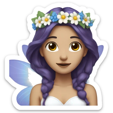 white fairy with purple and blue wings, long brunette hair, and flower crown sticker