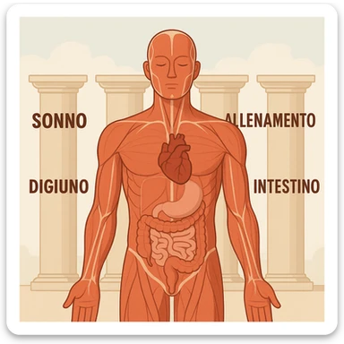 5 pilastri con le scritte "SONNO", "DIGIUNO", "ALLENAMENTO", "INTESTINO", DAVANTI UN CORPO UMANO ANATOMICO CON OCCHI CHIUSI IN SALUTE, SFONDO CHIARO sticker