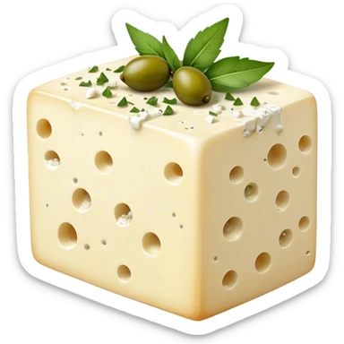 Cinematic Realistic Feta Cheese Dish Emoji, depicted as a block of crumbly, tangy cheese garnished with olive oil and herbs rendered with lifelike detail and soft natural lighting. sticker