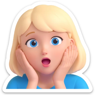 3D emoji of a white girl with short blonde hair, blue eyes, surprised expression sticker