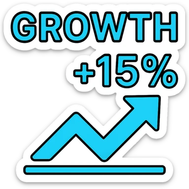 text 'Growth +15%' in bold font, cyan blue color, lineal color icon with black outlines sticker