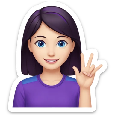 Grinning dark hair woman with blue eyes, wearing purple shirt - showing that somehting is obvious with her hand

 sticker