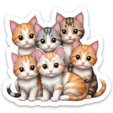 6 tiny kittens cuddling together all various different natural colours including grey and white, ginger and white, calico, grey, and brown tabby and white sticker