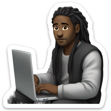 Black-guy-with-dreads-wearing-black-trackstuit-sitting-down-on-chair facing-foward-focused-on-laptop-computer- sticker