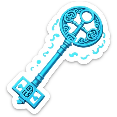 Ancient key glowing blue with runic markings, floating sticker