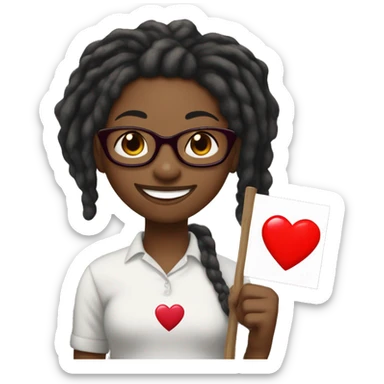 Black girl with red medium length dreadlocks holding a sign that says “Flanagan” with a red heart on the sign underneath the word, the girl is also smiling and is wearing glasses  sticker