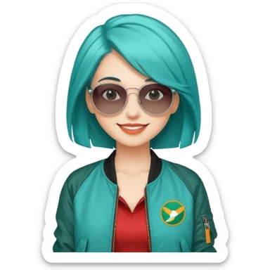 young fashionable woman, shoulder-length teal hair, wearing a bomber jacket and sunglasses, smiling sticker