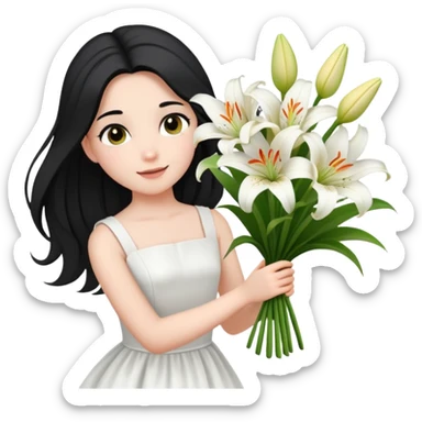  A girl with a black half-up half-down hairstyle, and a white dress, enjoying the spring breeze.Holding a bundle of lily sticker