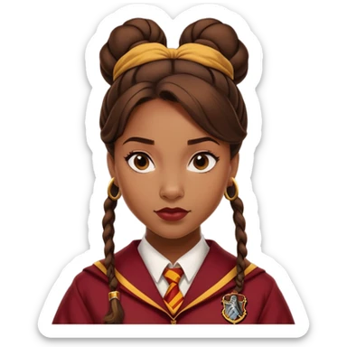 Tiana Benjamin is Angelina Johnson in harry potter, wear hogwarts gryfindor uniform,  thick, brown knot bun hair , reflecting her bold, stylish, and strong personality sticker