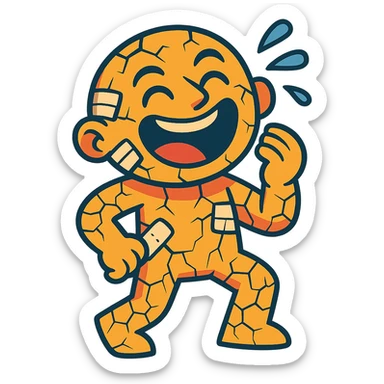 cartoon figure with visible cracks or bandages, laughing, colorful style sticker